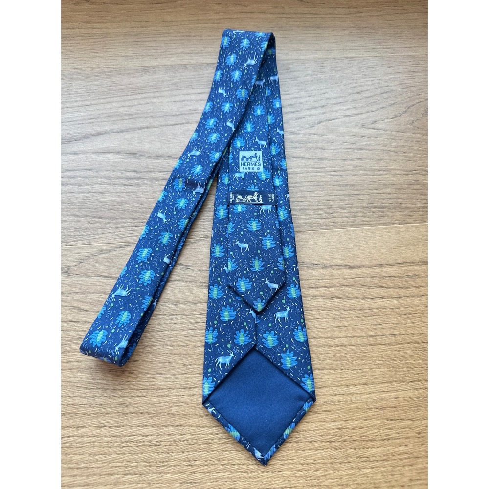 Hermes Paris Men Blue Silk Animal Floral Gazelle Print Tie 7069TA Made in France - Picture 3 of 6